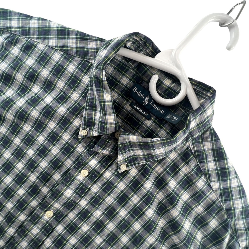 Ralph Lauren Button Down Shirt Mens 2XB Green Navy Plaid Classic Fit Long Sleeve